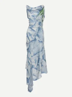 Asymmetric Draped Midi Dress In Ice Blue Satin Flowers