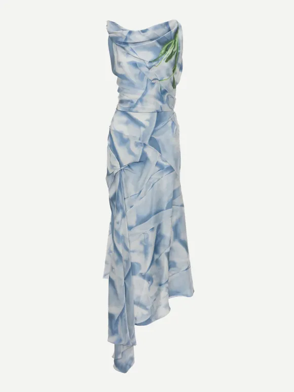 Asymmetric Draped Midi Dress In Ice Blue Satin Flowers