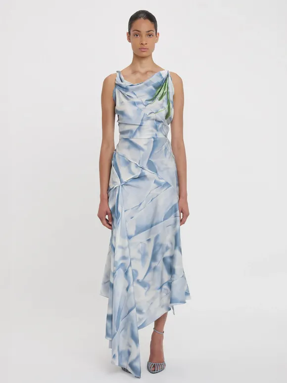 Asymmetric Draped Midi Dress In Ice Blue Satin Flowers
