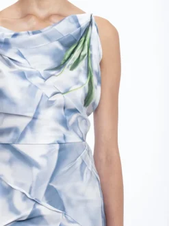 Asymmetric Draped Midi Dress In Ice Blue Satin Flowers