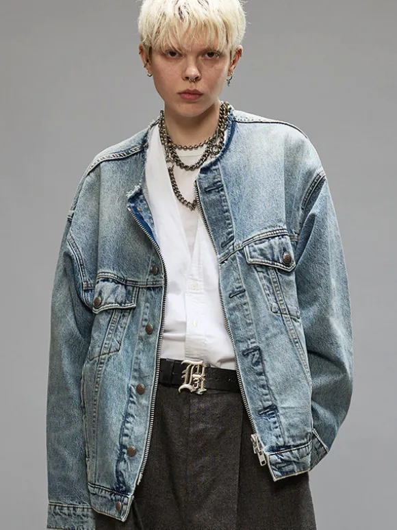 Collarless Trucker Jacket in Caxton Blue