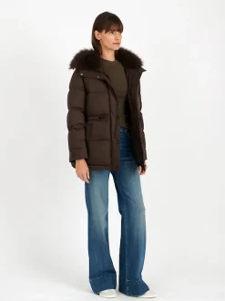 Down Coat with Trim in Mocha