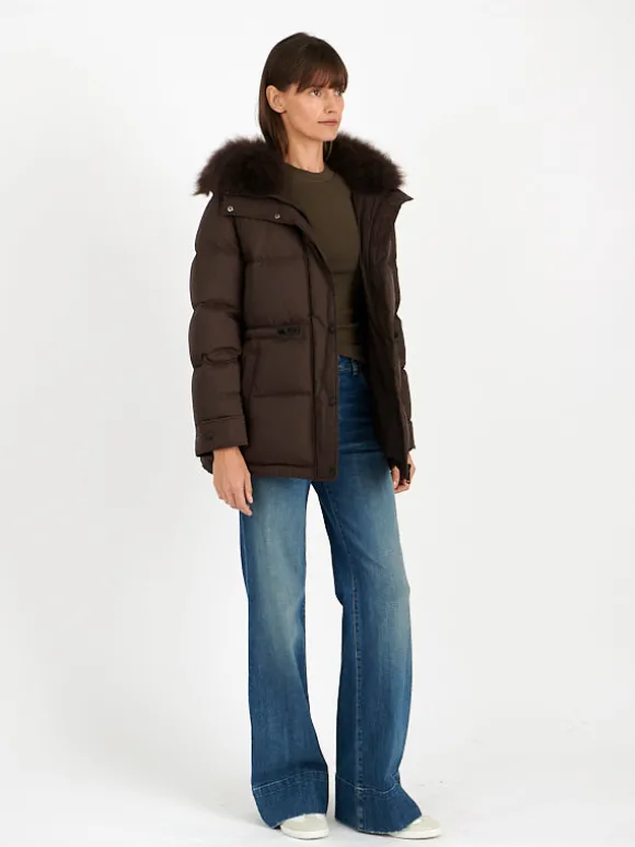 Down Coat with Trim in Mocha