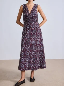Fatima Ruched Tank Dress in Mira Floral Wine Tasting