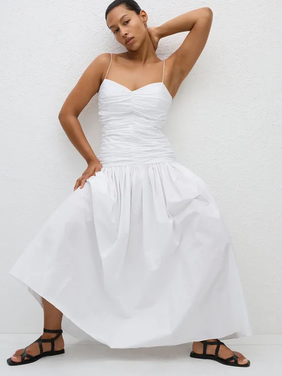Gathered Drop Waist Dress in White