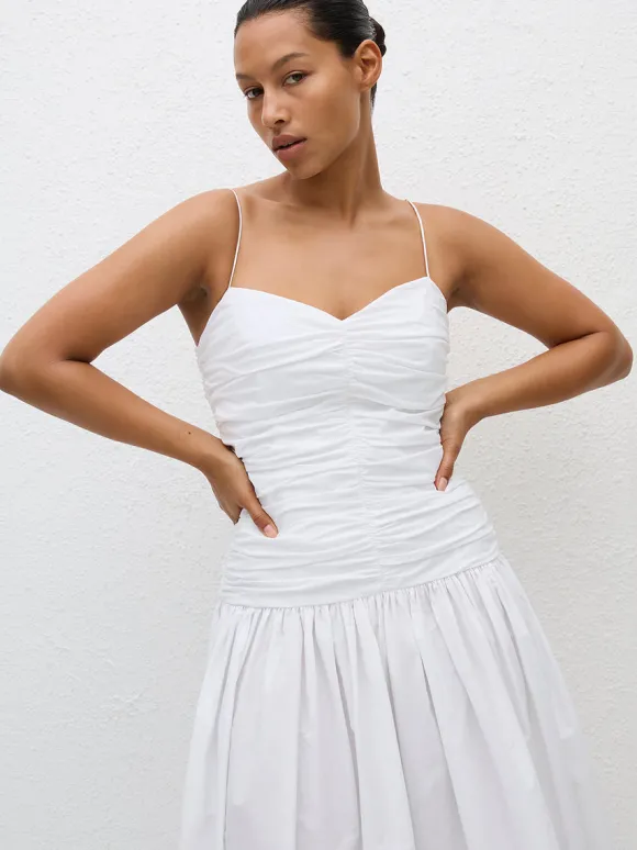 Gathered Drop Waist Dress in White