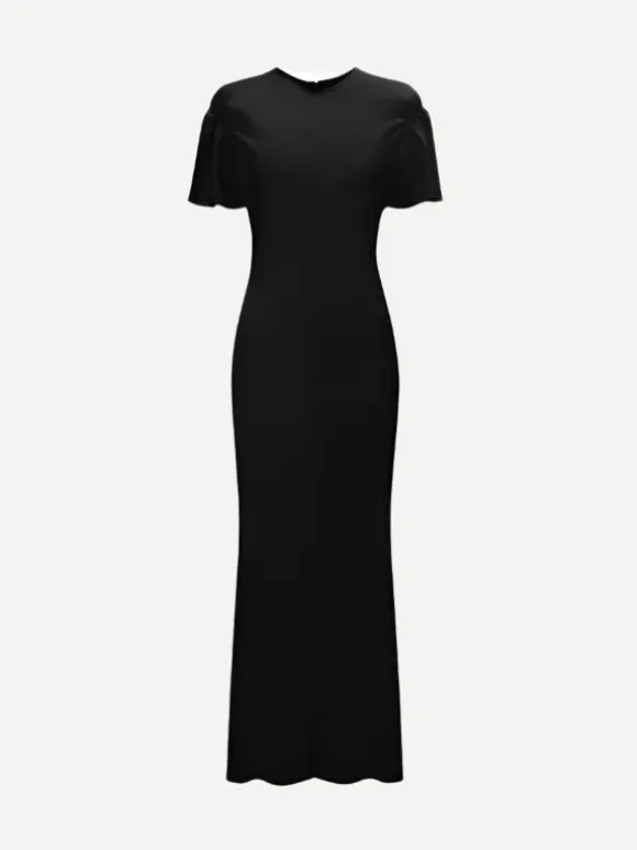 Gathered Sleeve Midi Dress in Black