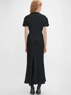 Gathered Sleeve Midi Dress in Black