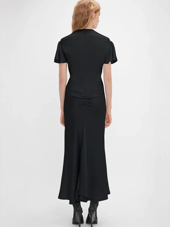 Gathered Sleeve Midi Dress in Black
