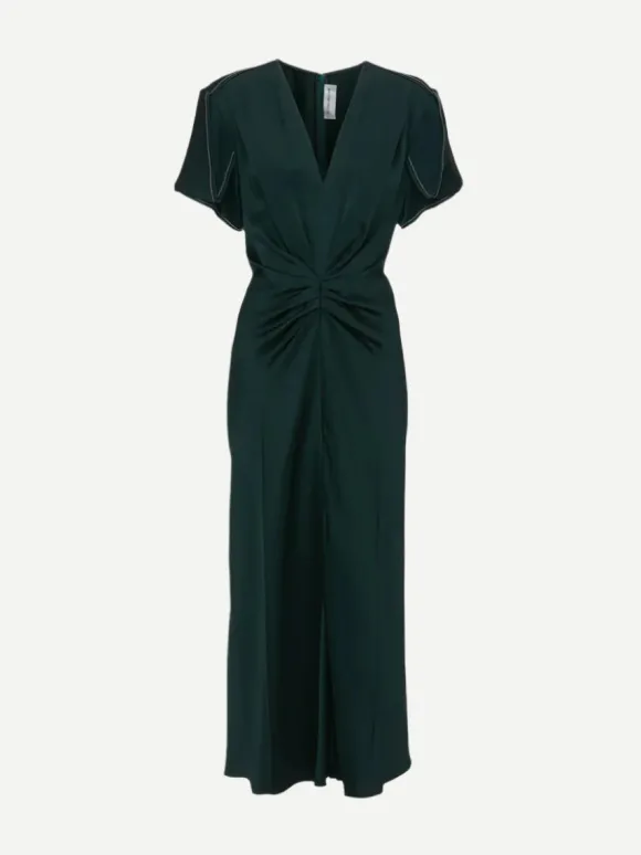 Gathered V Neck Midi Dress in Seaweed