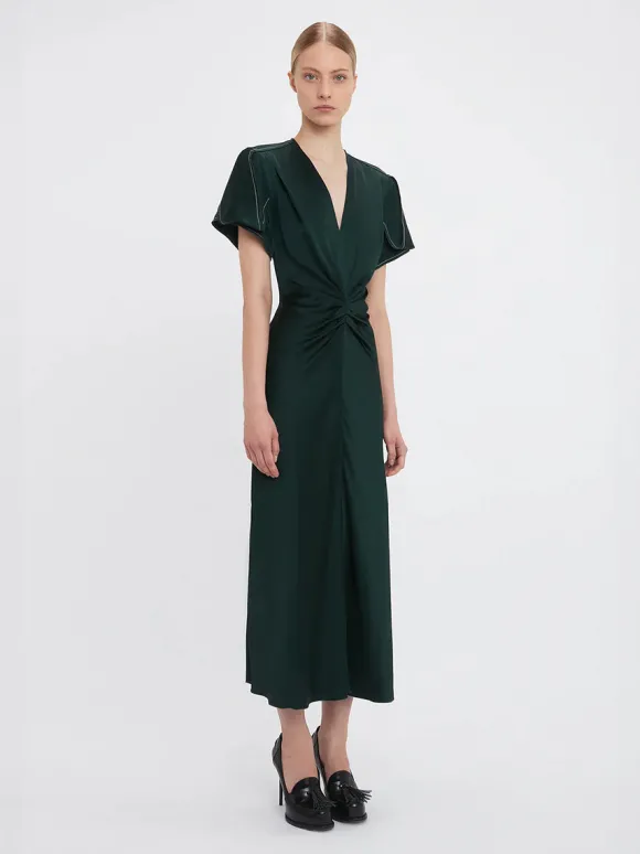 Gathered V Neck Midi Dress in Seaweed