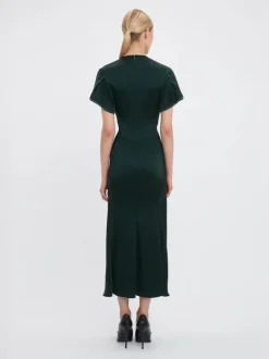 Gathered V Neck Midi Dress in Seaweed