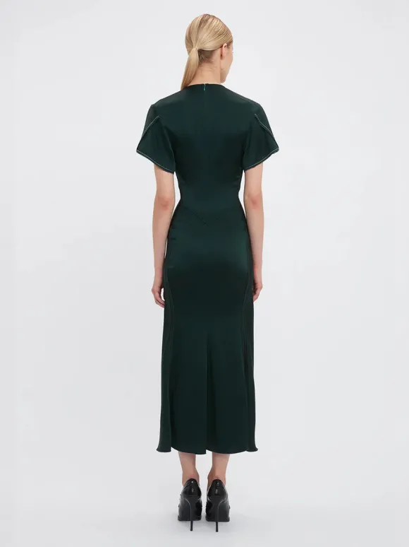 Gathered V Neck Midi Dress in Seaweed