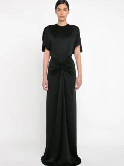 Gathered Waist Floor Length Dress in Black