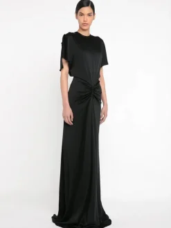 Gathered Waist Floor Length Dress in Black