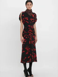 Gathered Waist Midi Dress in Floral Black