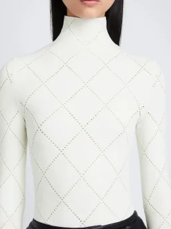 Pointelle Diamonds Turtleneck Top In Off White