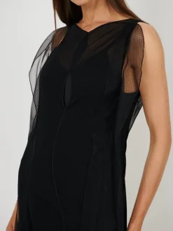 Sheer Wave Panel Floorlength Dress in Black