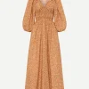 Shirred Plunge Button Dress in Strawflower