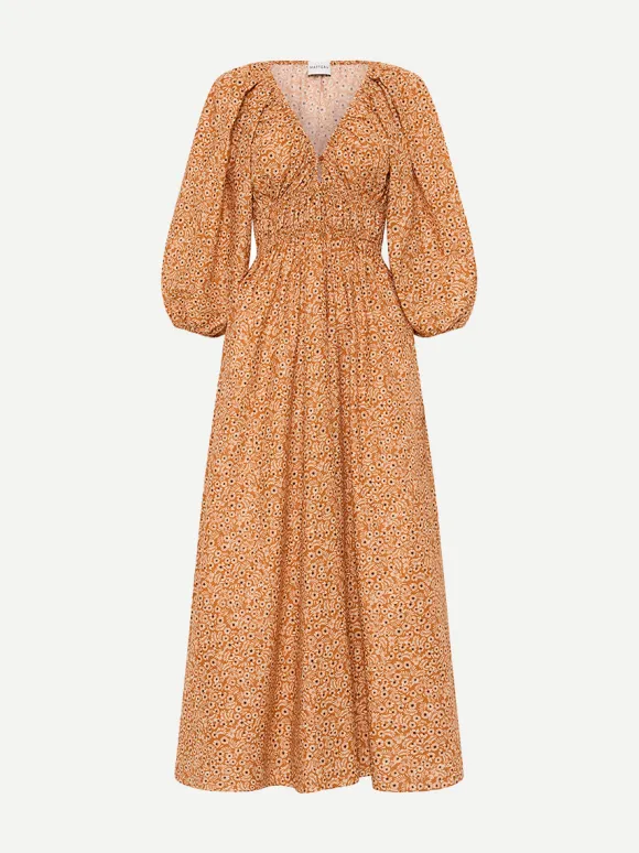 Shirred Plunge Button Dress in Strawflower