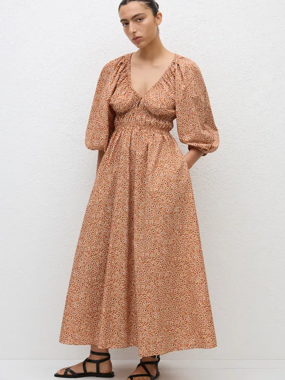 Shirred Plunge Button Dress in Strawflower