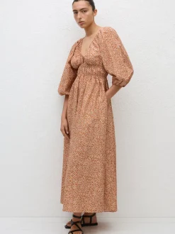 Shirred Plunge Button Dress in Strawflower