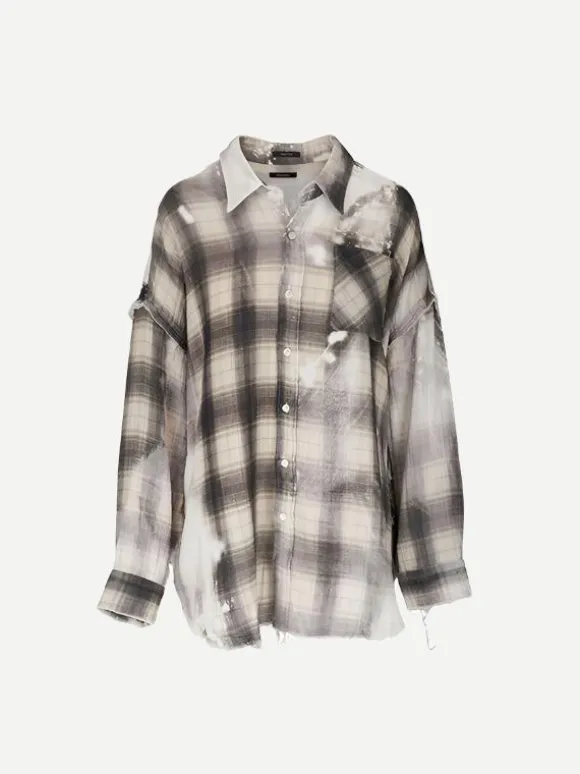Shredded Seam Drop Neck Shirt in Bleached Grey Plaid