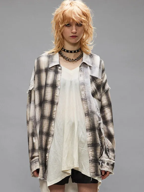 Shredded Seam Drop Neck Shirt in Bleached Grey Plaid