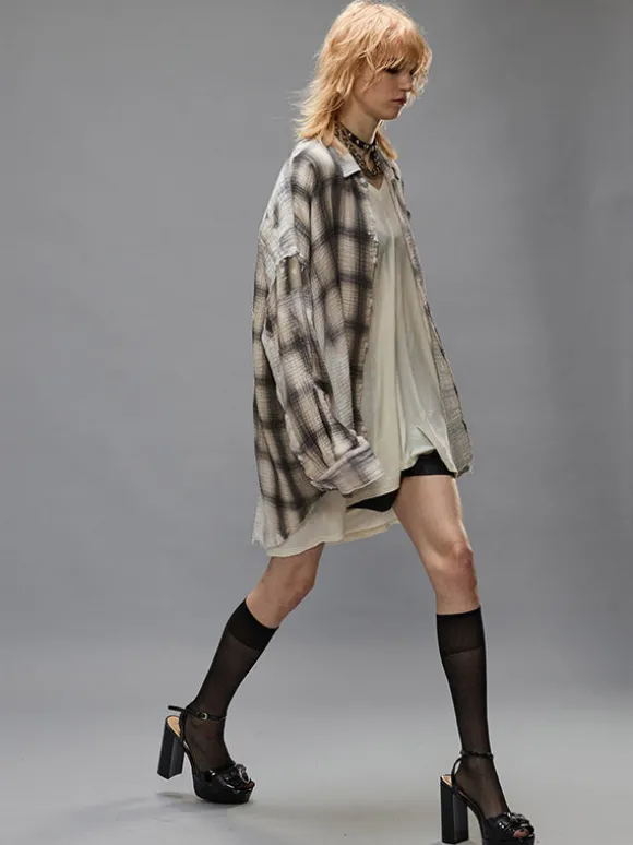 Shredded Seam Drop Neck Shirt in Bleached Grey Plaid