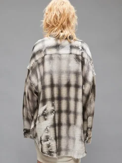 Shredded Seam Drop Neck Shirt in Bleached Grey Plaid