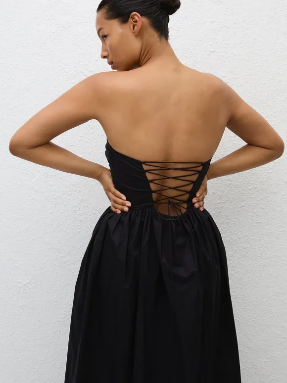 Strapless Lace Up Dress in Black